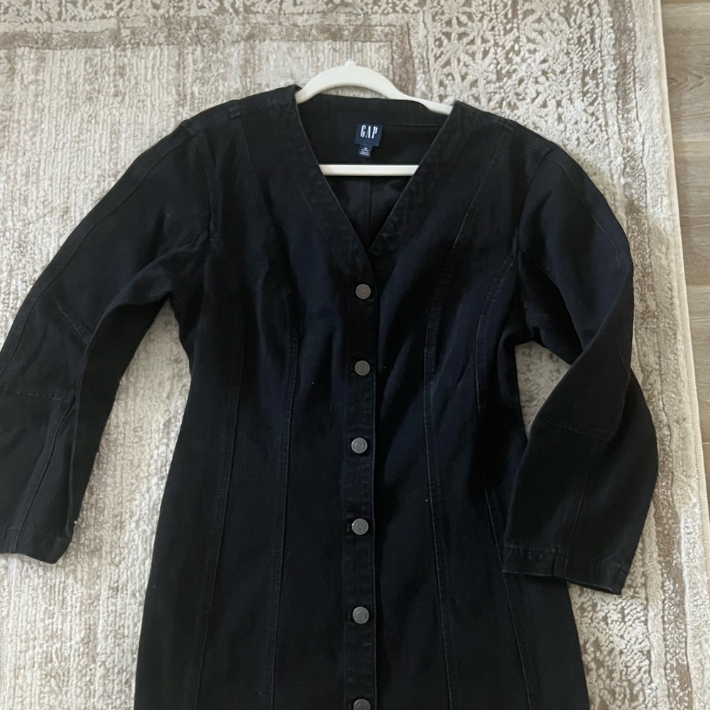 GAP Black Mini Dress Button Front Long Sleeve Fitted Chic Size M